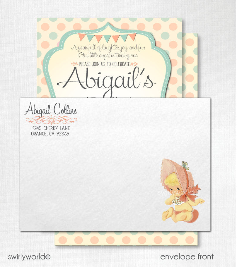 Digital Vintage 1st Birthday Invitations, Retro 1950s First Birthday Invitations, Vintage Baby 1st Birthday Invites, Girl 1st Birthday Party