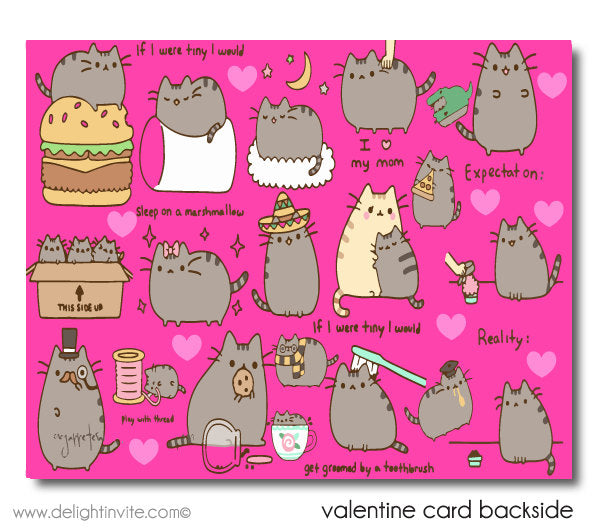 Cute Pusheen kitty cat girls digital printable valentine's day cards for school classroom
