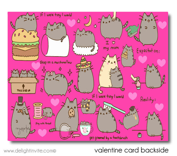 Cute Pusheen kitty cat girls digital printable valentine's day cards for school classroom