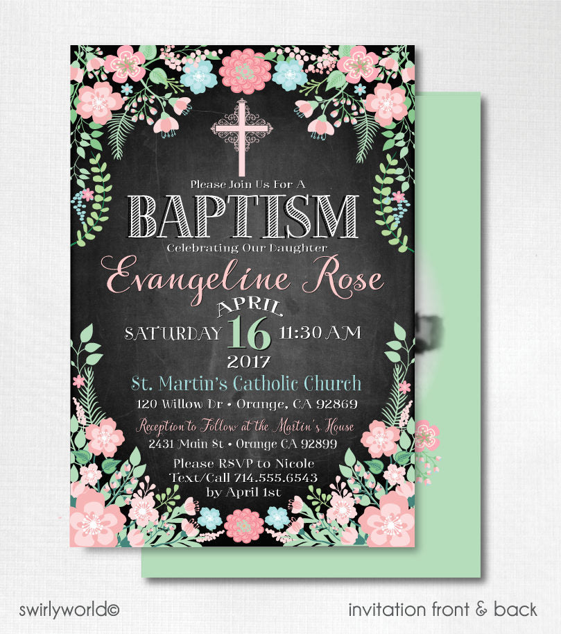 Digital Girl Baptism Invitation, Vintage Baptism Invites for Girls, Mint and Peach Baptism, Photo Baptism Invite, Baptism Christening 
