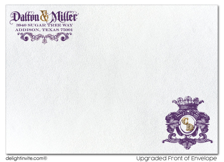 Purple and Gold Royal Wedding Save the Date Cards, Formal Traditional Save the Date theme, Vintage Royal Wedding Save the Date Ideas