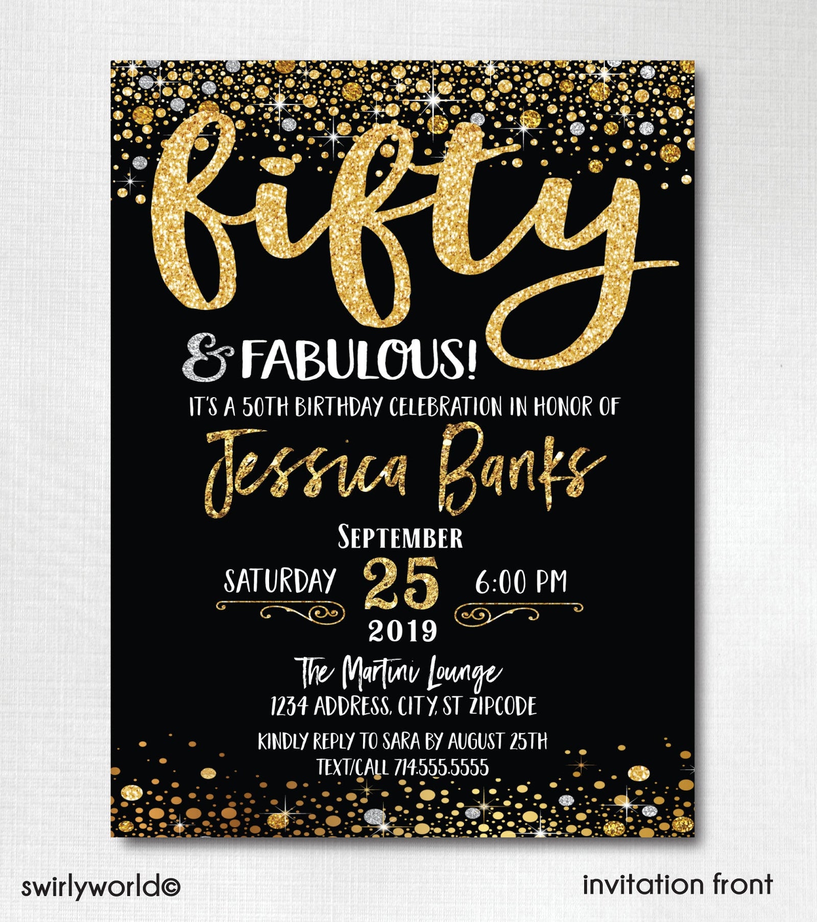 Fifty and Fabulous Birthday Bundle Set! Digital Gold and Black 50th Birthday Party Invitation Set. 50 and Fabulous Digital Pack. CORJL