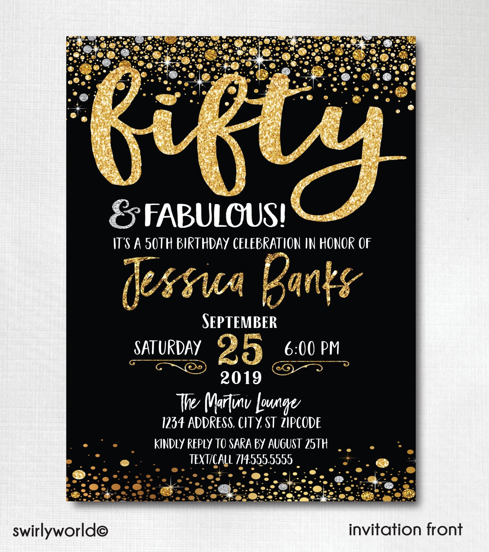 Fifty and Fabulous Birthday Bundle Set! Digital Gold and Black 50th Birthday Party Invitation Set. 50 and Fabulous Digital Pack. CORJL