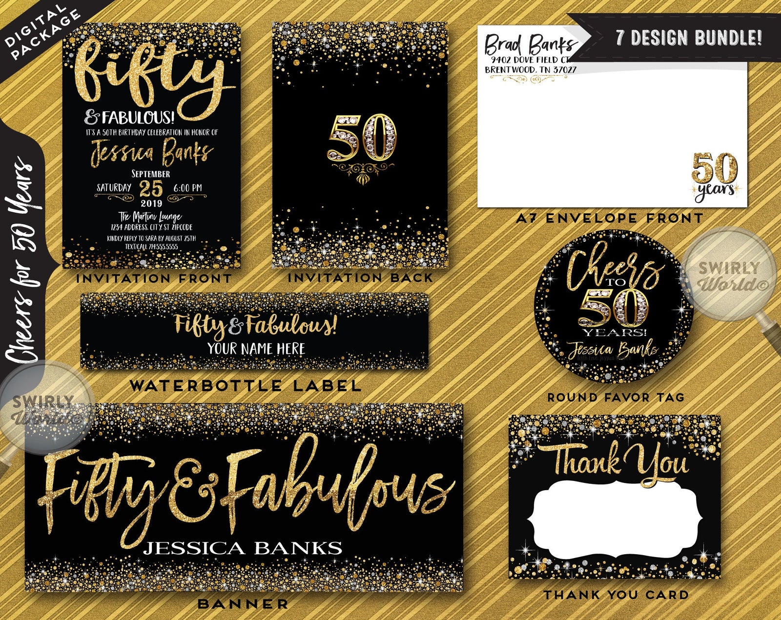 Fifty and Fabulous Birthday Bundle Set! Digital Gold and Black 50th Birthday Party Invitation Set. 50 and Fabulous Digital Pack. CORJL