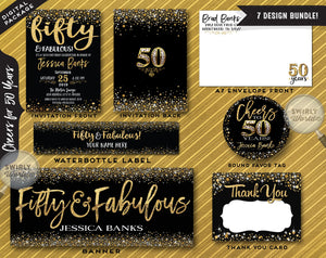 Fifty and Fabulous Birthday Bundle Set! Digital Gold and Black 50th Birthday Party Invitation Set. 50 and Fabulous Digital Pack. CORJL
