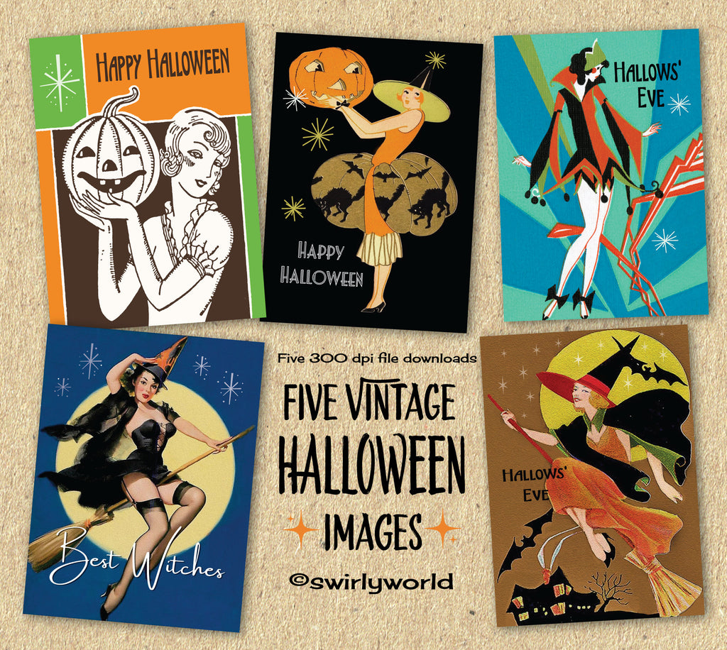 1950's Retro Vintage Halloween Greeting Card Digital Printable Download Bundle of 5 Designs!