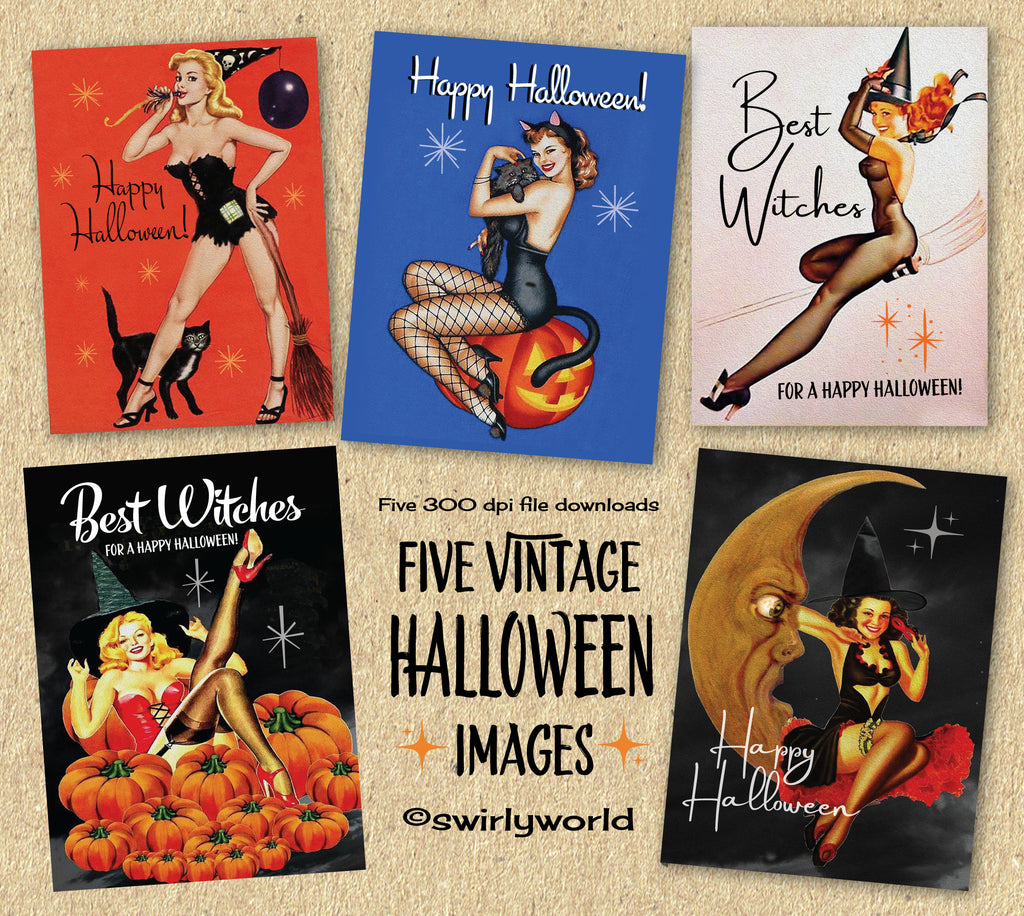 1950's Retro Vintage Halloween Greeting Card Digital Printable Download Bundle of 5 Designs!
