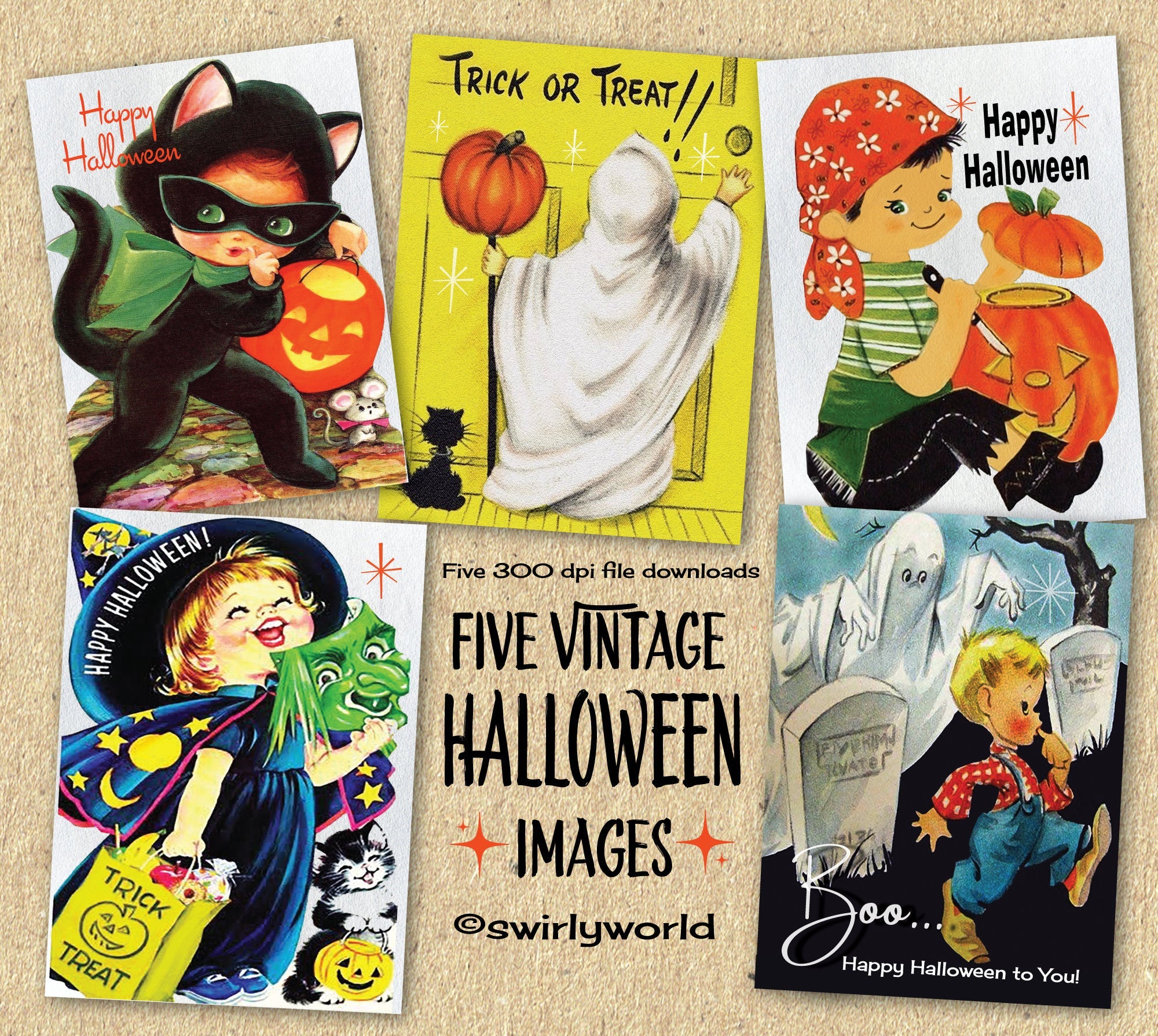 1950's Retro Vintage Halloween Greeting Card Digital Printable Download Bundle of 5 Designs!