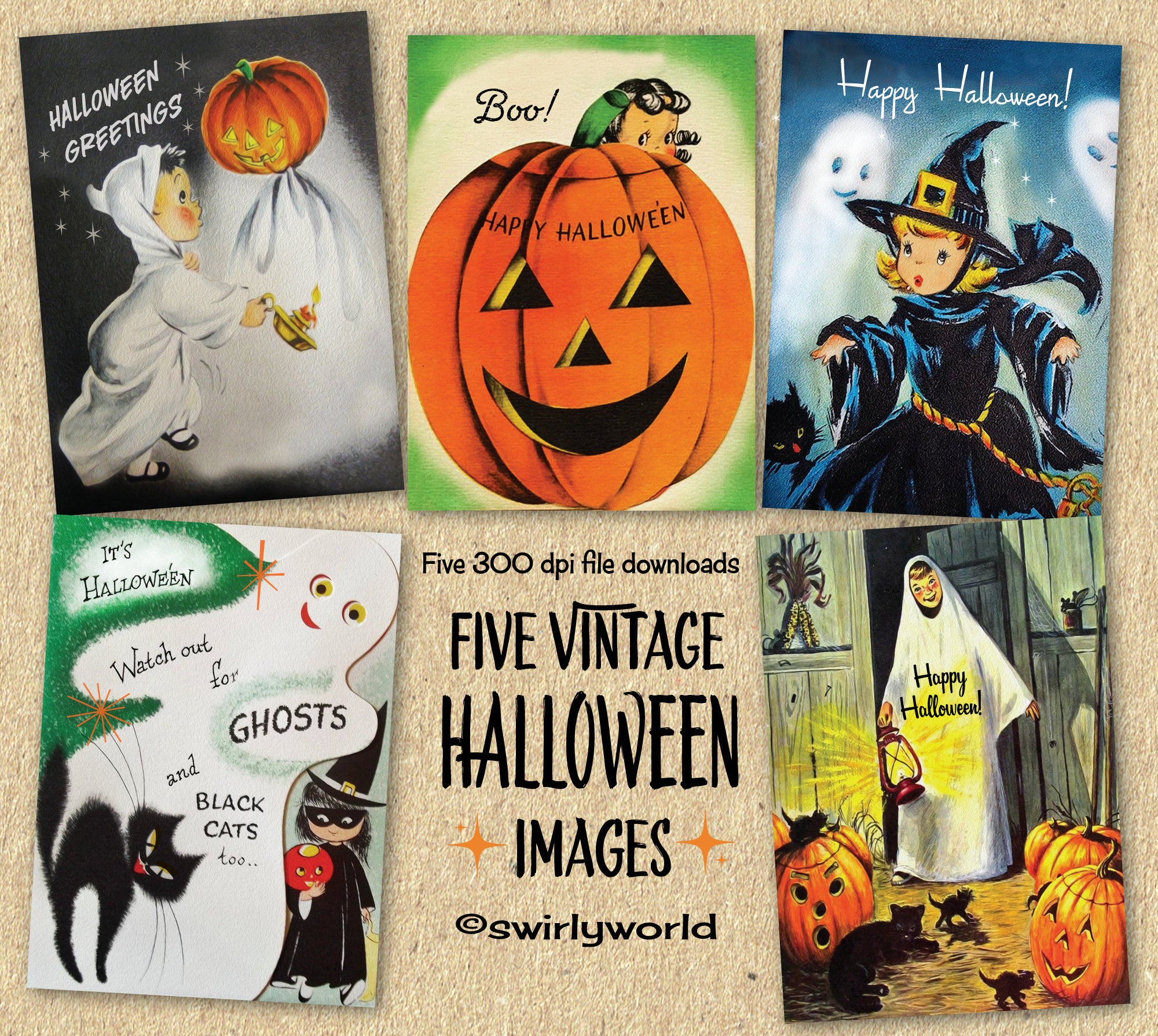 1950's Retro Vintage Halloween Greeting Card Digital Printable Download Bundle of 5 Designs!
