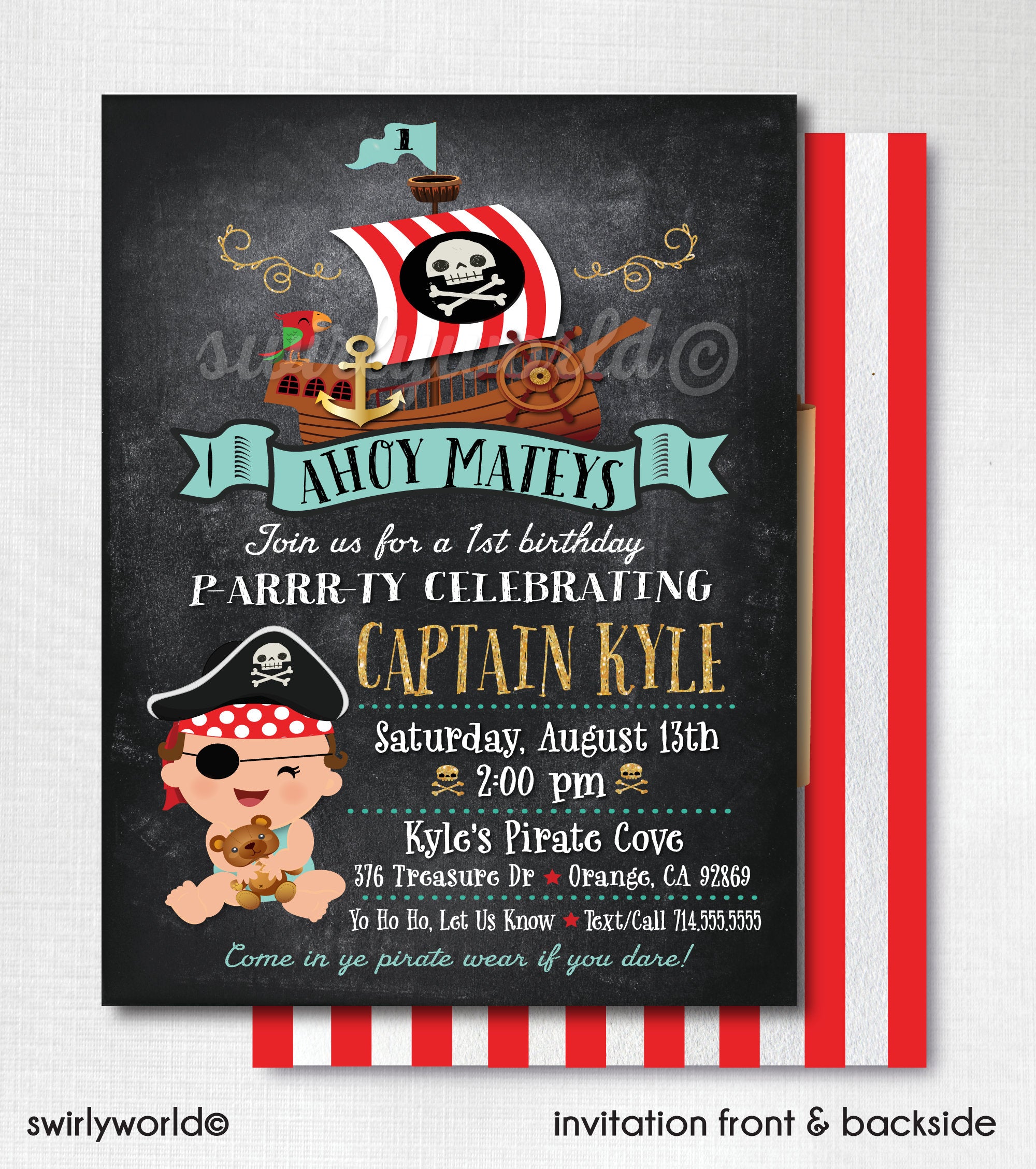 Pirate Baby Birthday Invitations for Boys, Boy Pirate Theme Birthday Invites, Pirate Party Design, Pirate Party for Boys, Baby Pirate