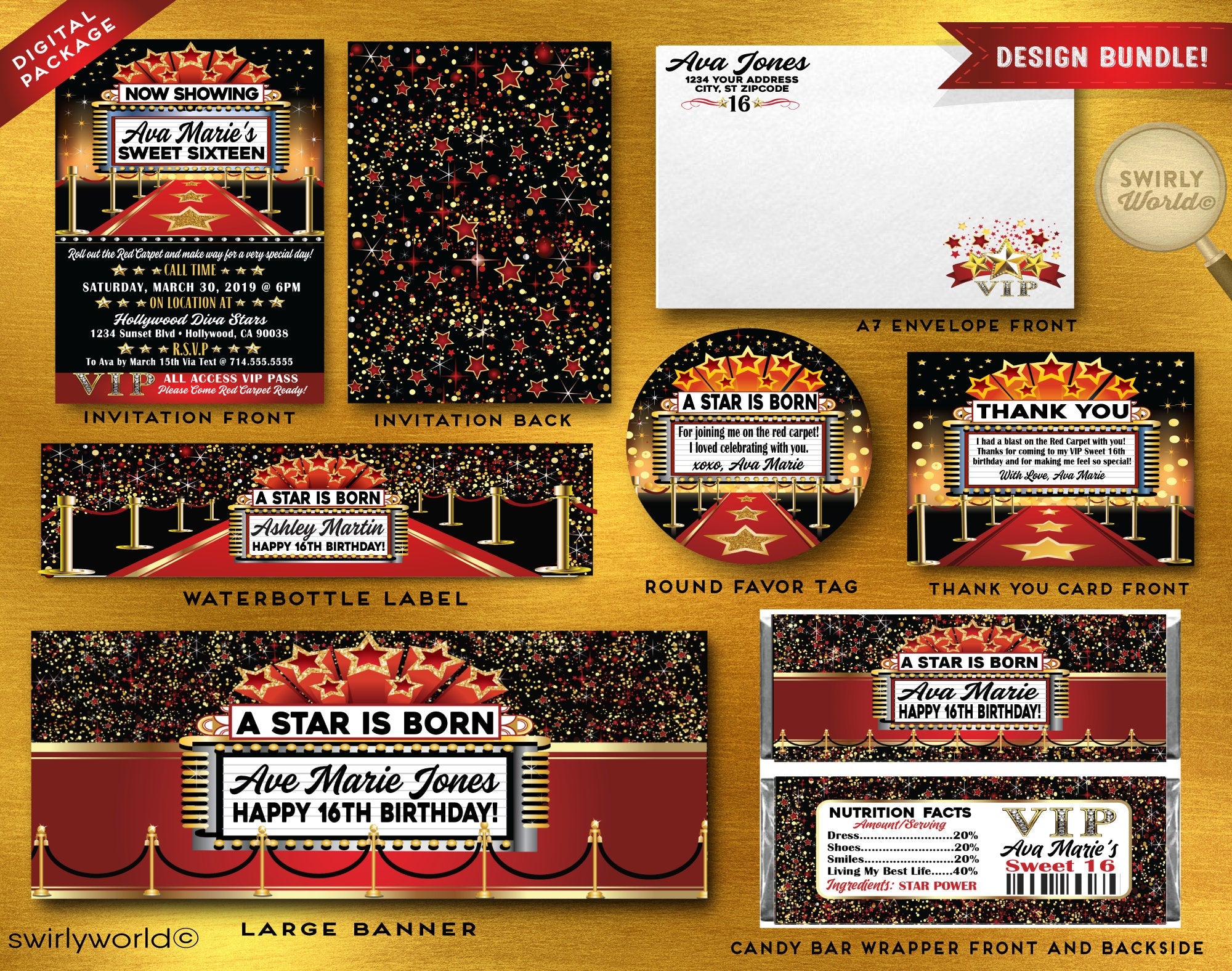 Digital VIP Hollywood Red Carpet Birthday Bundle Pack! A Star is Born Movie Theme. Edit Yourself Immediately. Red Carpet Ready. Movie Star.