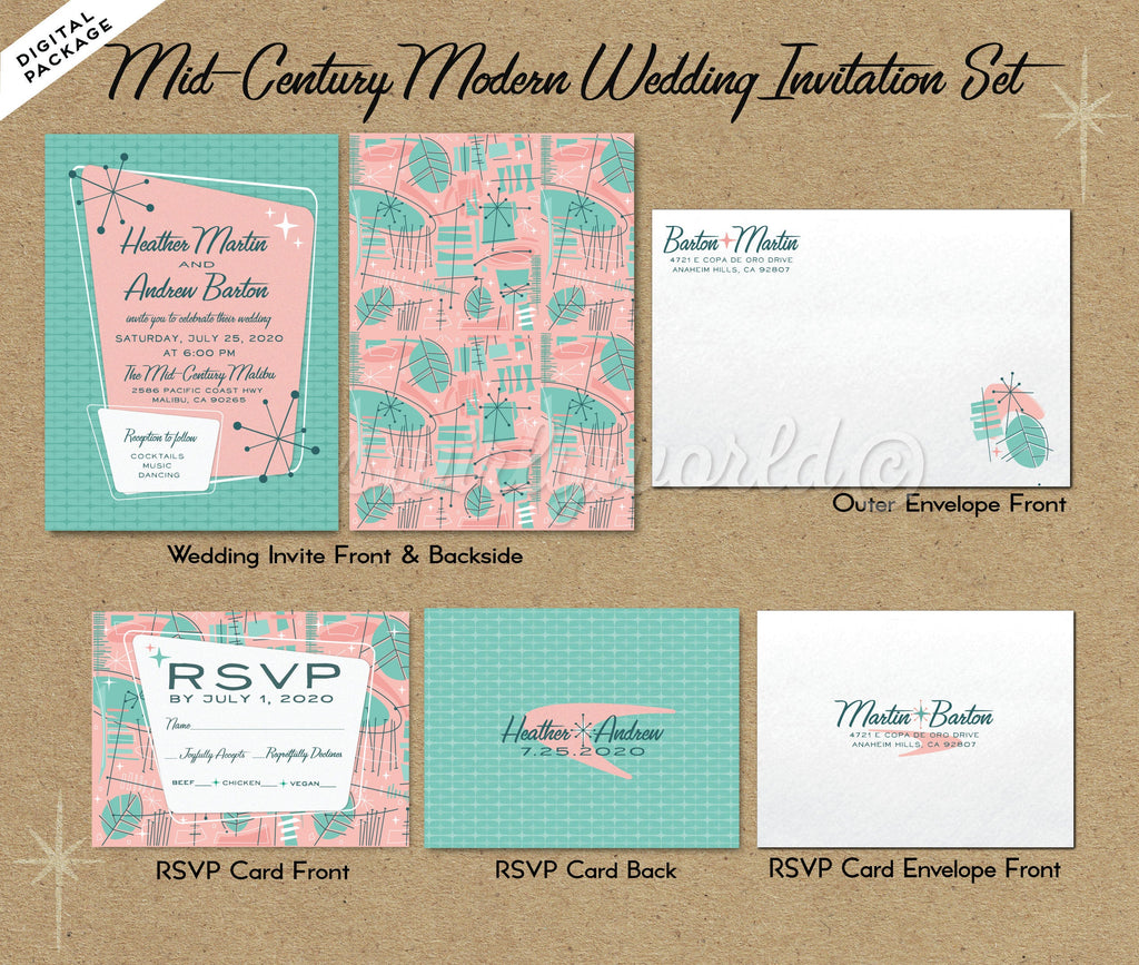 Pink Fifties Atomic Mod Mid-Century Modern Wedding Invitation and RSVP Card