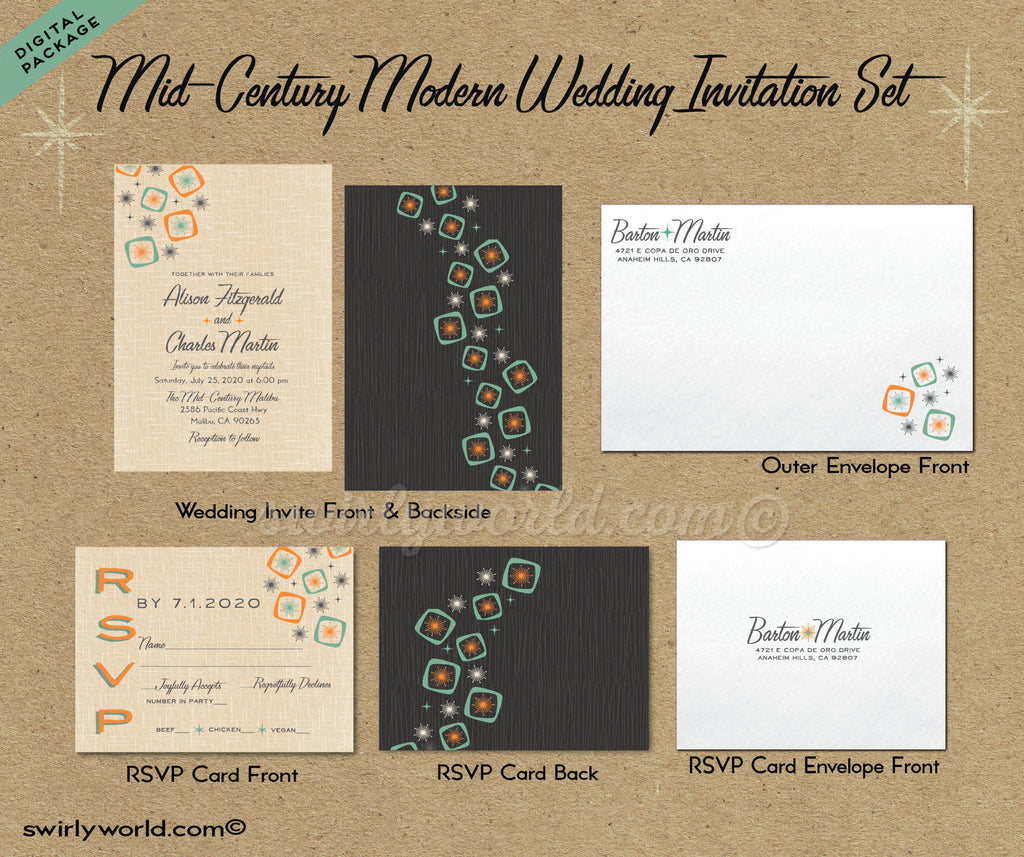 Atomic Retro Mid-Century Modern Wedding Invitation and RSVP Card Digital Download