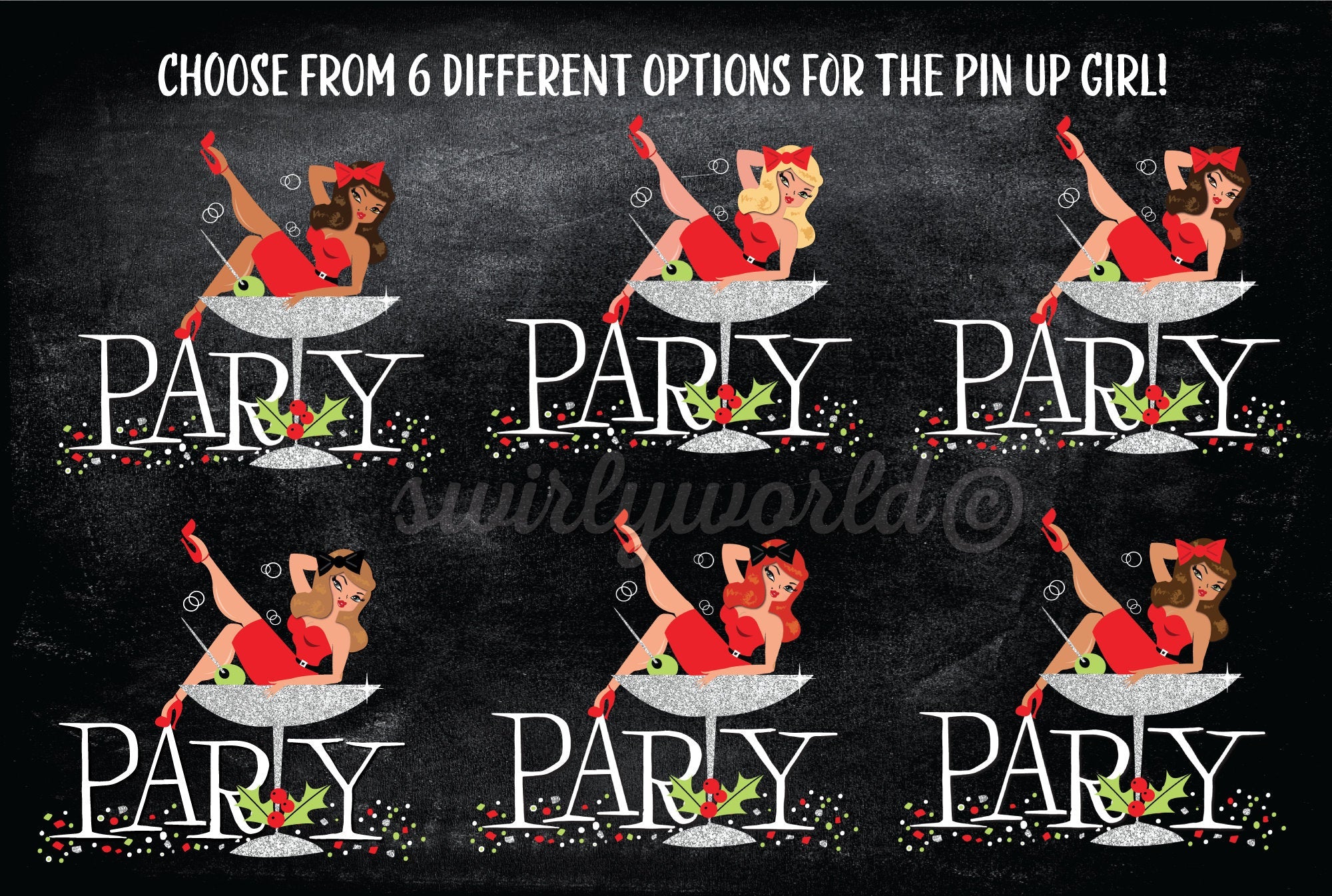 Pin-up Girl Rockabilly Christmas Holiday Cocktail Party Invite Digital Download