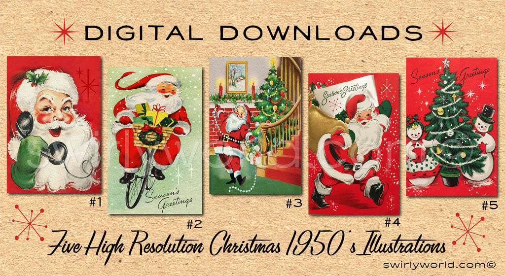 DIGITAL Vintage Christmas Card Bundle. 1950's Style Holiday Designs. Retro Vintage Fifties Style Christmas Card Designs. 1950s Santa Claus