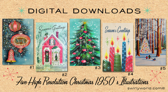 DIGITAL Vintage Pink Christmas Card Bundle. 1950's Style Holiday Designs. Retro Vintage Style Christmas Card Designs. 1950s Atomic Modern