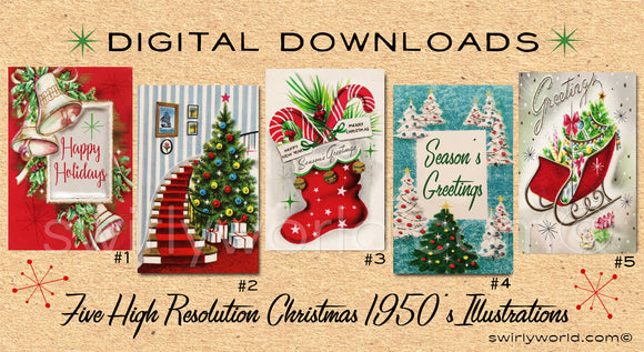 DIGITAL Vintage Christmas Card Bundle. 1950's Style Holiday Designs. Retro Vintage Fifties Style Christmas Card Designs. 1950s Santa Claus