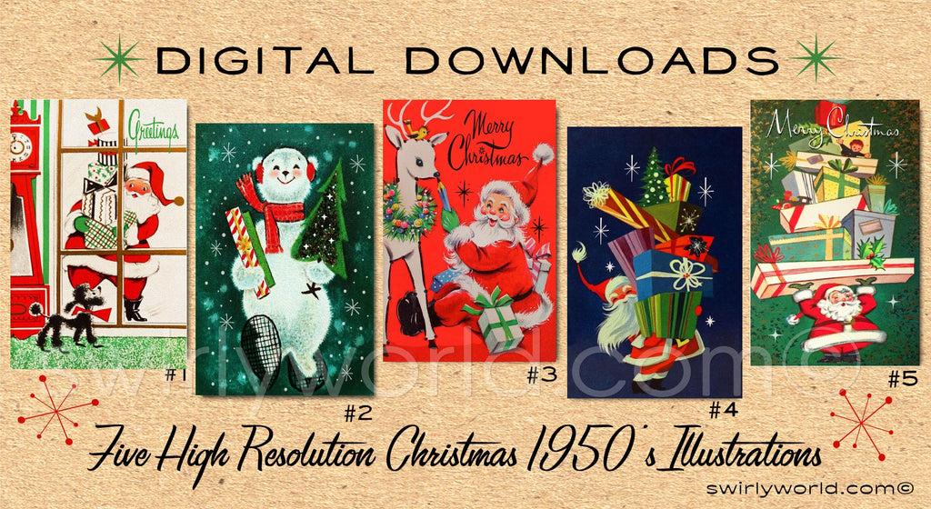 DIGITAL Vintage Christmas Card Bundle. 1950's Style Holiday Designs. Retro Vintage Fifties Style Christmas Card Designs. 1950s Santa Claus