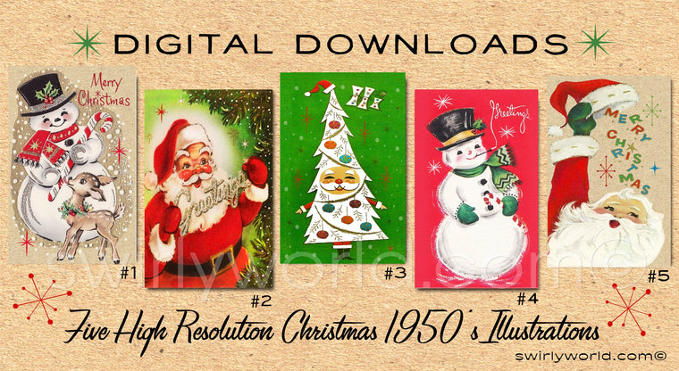 DIGITAL Vintage Christmas Card Bundle. 1950's Style Holiday Designs. Retro Vintage Fifties Style Christmas Card Designs. 1950s Santa Claus