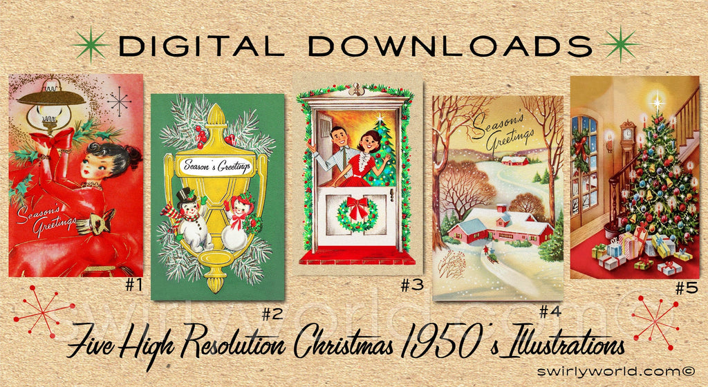 DIGITAL Vintage Christmas Card Bundle. 1950's Style Holiday Designs. Retro Vintage Fifties Style Christmas Card Designs. 1950s House
