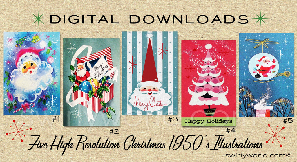 DIGITAL Vintage Christmas Card Bundle. 1950's Style Holiday Designs. Retro Vintage Fifties Style Christmas Card Designs. 1950s Santa Claus