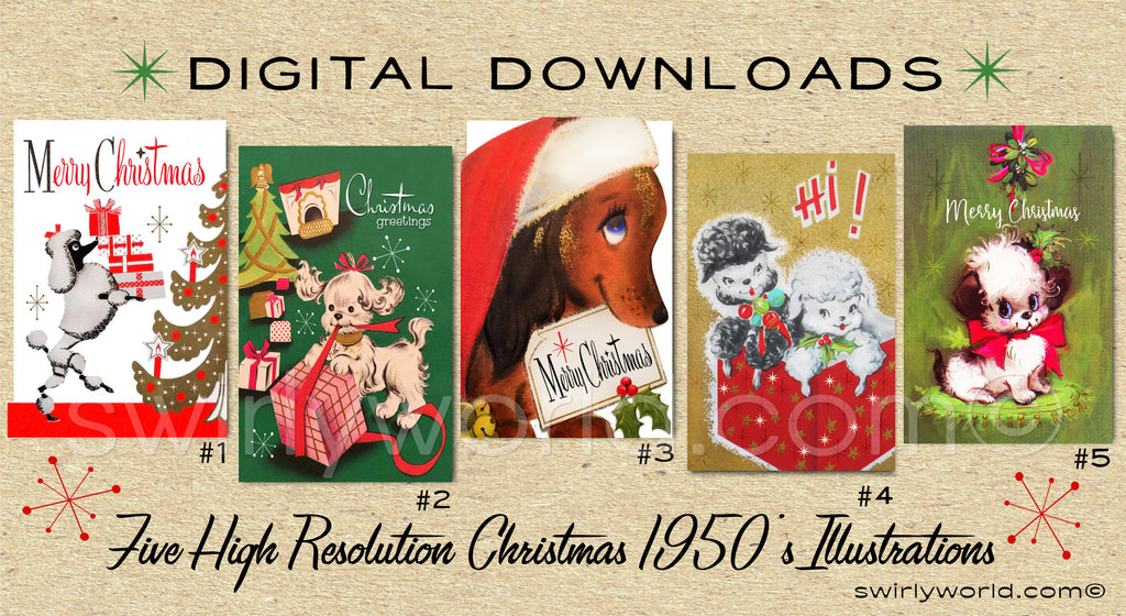 DIGITAL Vintage Dog Christmas Card Bundle. 1950's Style Puppy Christmas. Retro Vintage Fifties Cat Christmas  Designs. 1950s Dogs