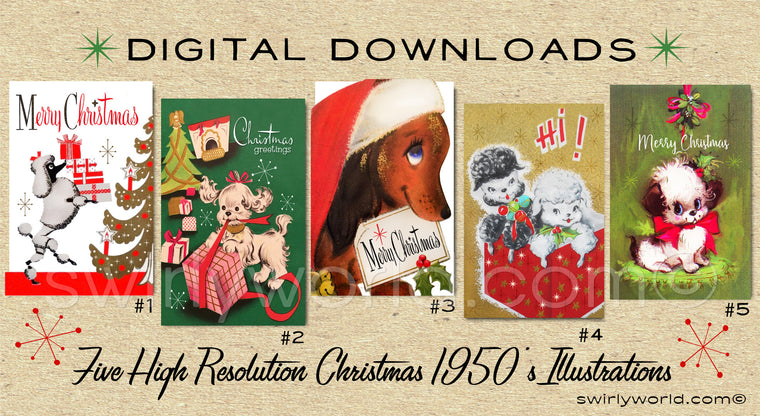 DIGITAL Vintage Dog Christmas Card Bundle. 1950's Style Puppy Christmas. Retro Vintage Fifties Cat Christmas  Designs. 1950s Dogs