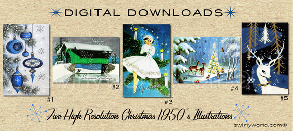 DIGITAL Vintage Blue Christmas Card Bundle. 1950's Style Holiday Designs. Retro Vintage Style Christmas Card Designs. 1950s Atomic Modern