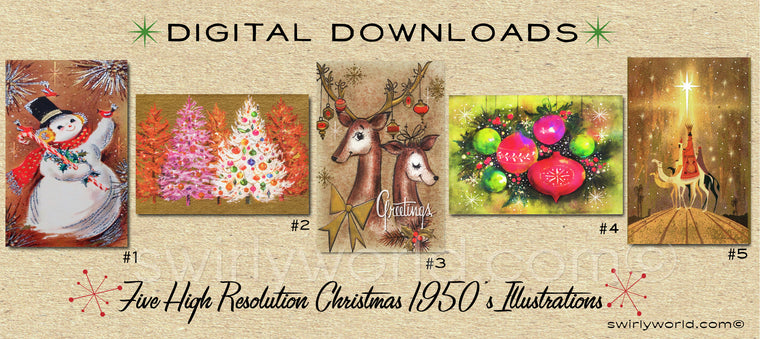 DIGITAL Vintage Christmas Card Bundle. 1950's Style Holiday Designs. Retro Vintage Fifties Style Christmas Card Designs. 1960s Christmas