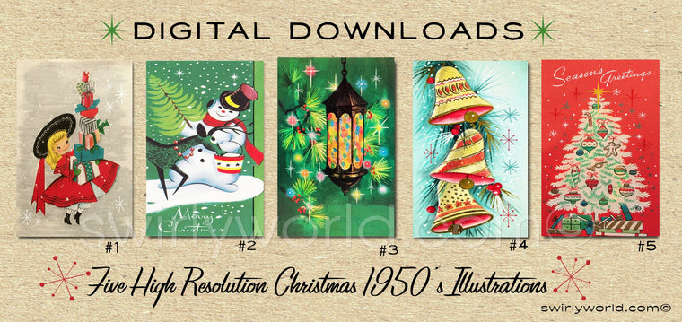 DIGITAL Vintage Christmas Card Bundle. 1950's Style Holiday Designs. Retro Vintage Fifties Style Christmas Card Designs. 1950s Santa Claus