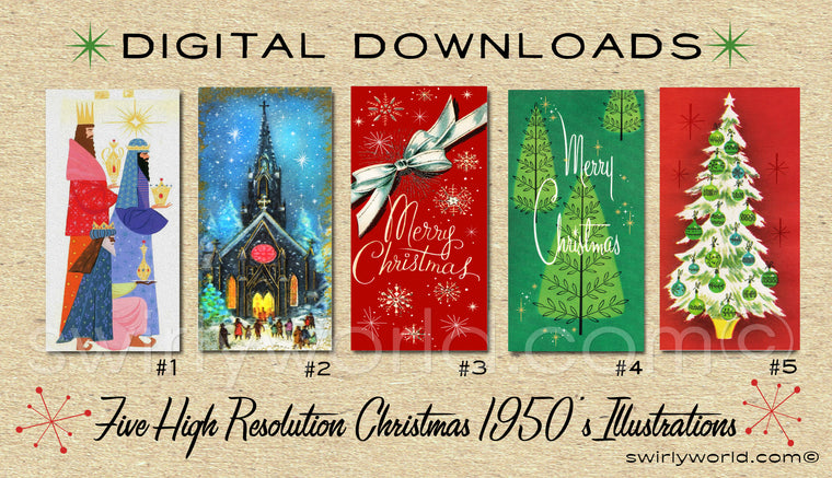DIGITAL Vintage Christmas Card Bundle. 1950's Style Holiday Designs. Retro Vintage Fifties Style Christmas Card Designs. 1960s Christmas