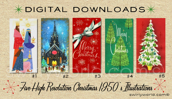 DIGITAL Vintage Christmas Card Bundle. 1950's Style Holiday Designs. Retro Vintage Fifties Style Christmas Card Designs. 1960s Christmas