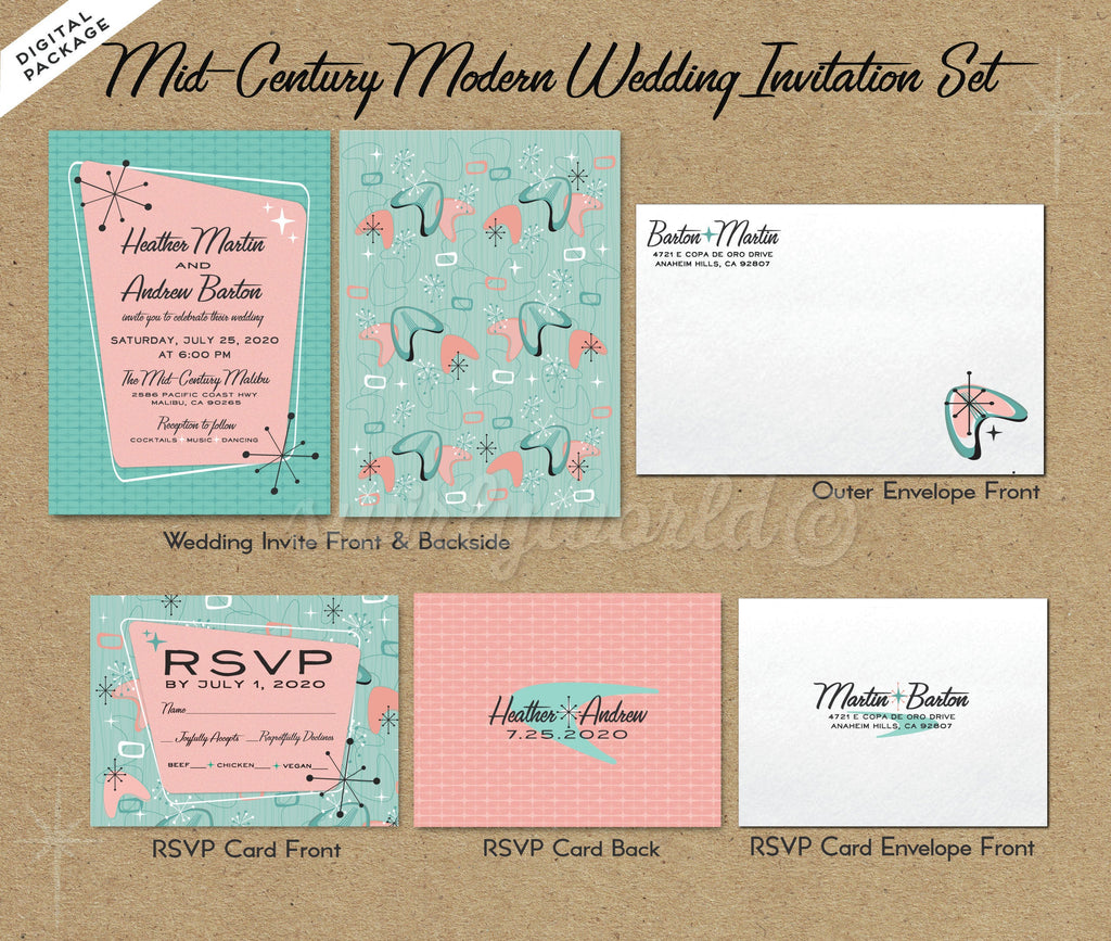 Pink Fifties Mid-Century Modern Wedding Invitation, RSVP Card and Matching Envelope Files. MCM Retro Modern Wedding Theme. Atomic Retro 1950's Wedding Design.