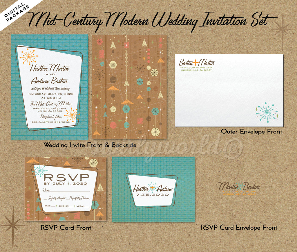DIGITAL Mid-Century Modern Wedding Invitation, RSVP Card and Matching Envelope Files. MCM Retro Modern Wedding Theme. Atomic Retro Mod 1950's Wedding Design.