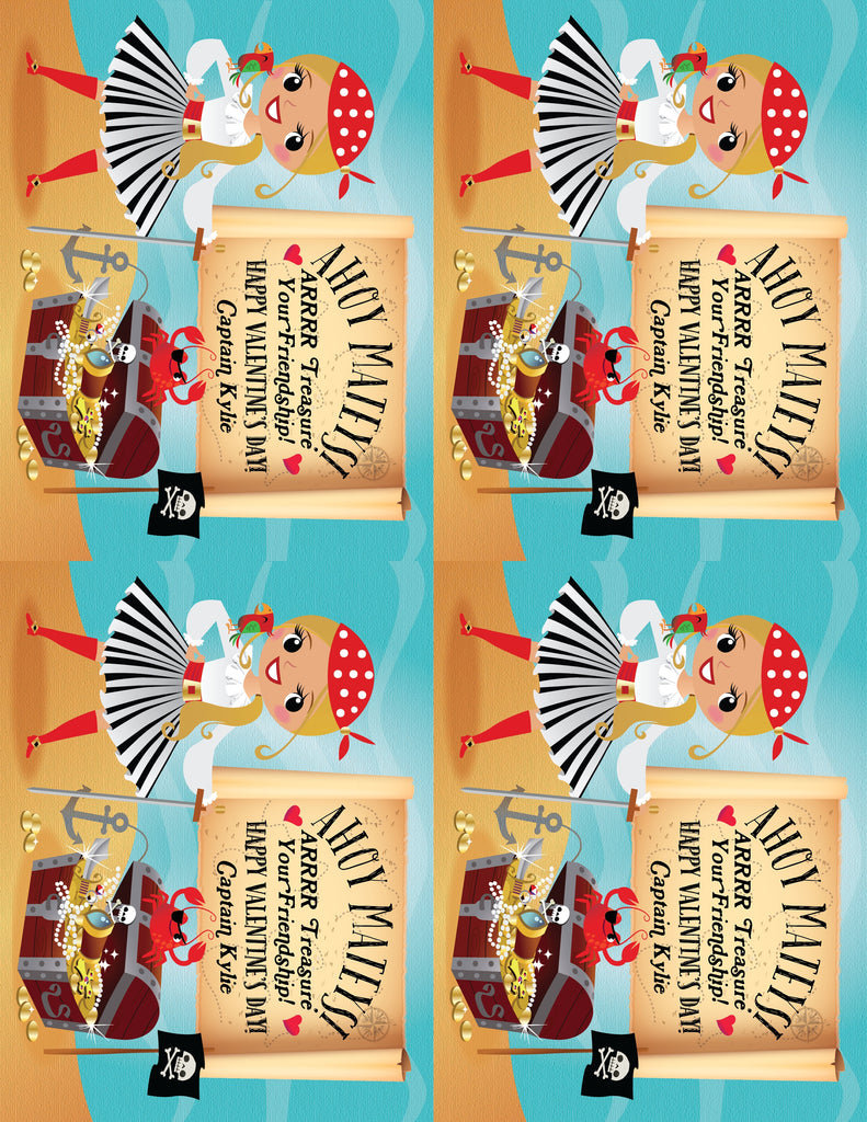 Cute Retro Pirate Captain Valentine's Day Cards for Girls Digital Download
