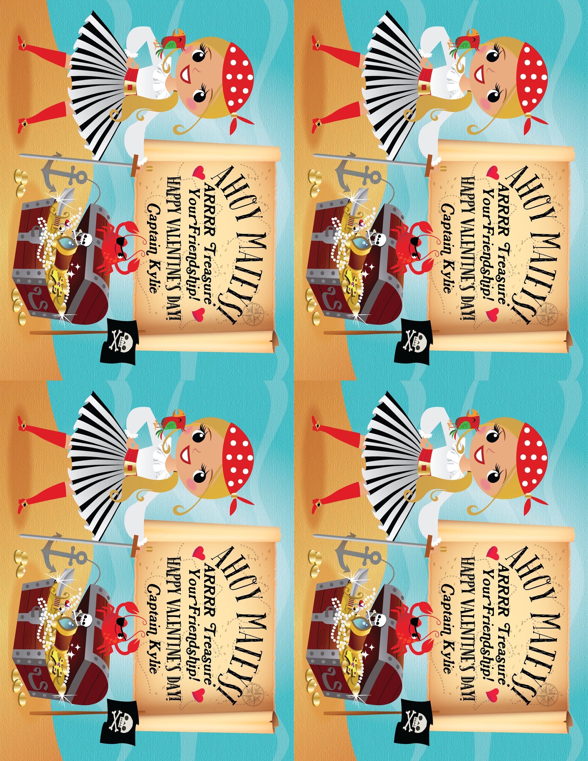 Cute Retro Pirate Captain Valentine's Day Cards for Girls Digital Download