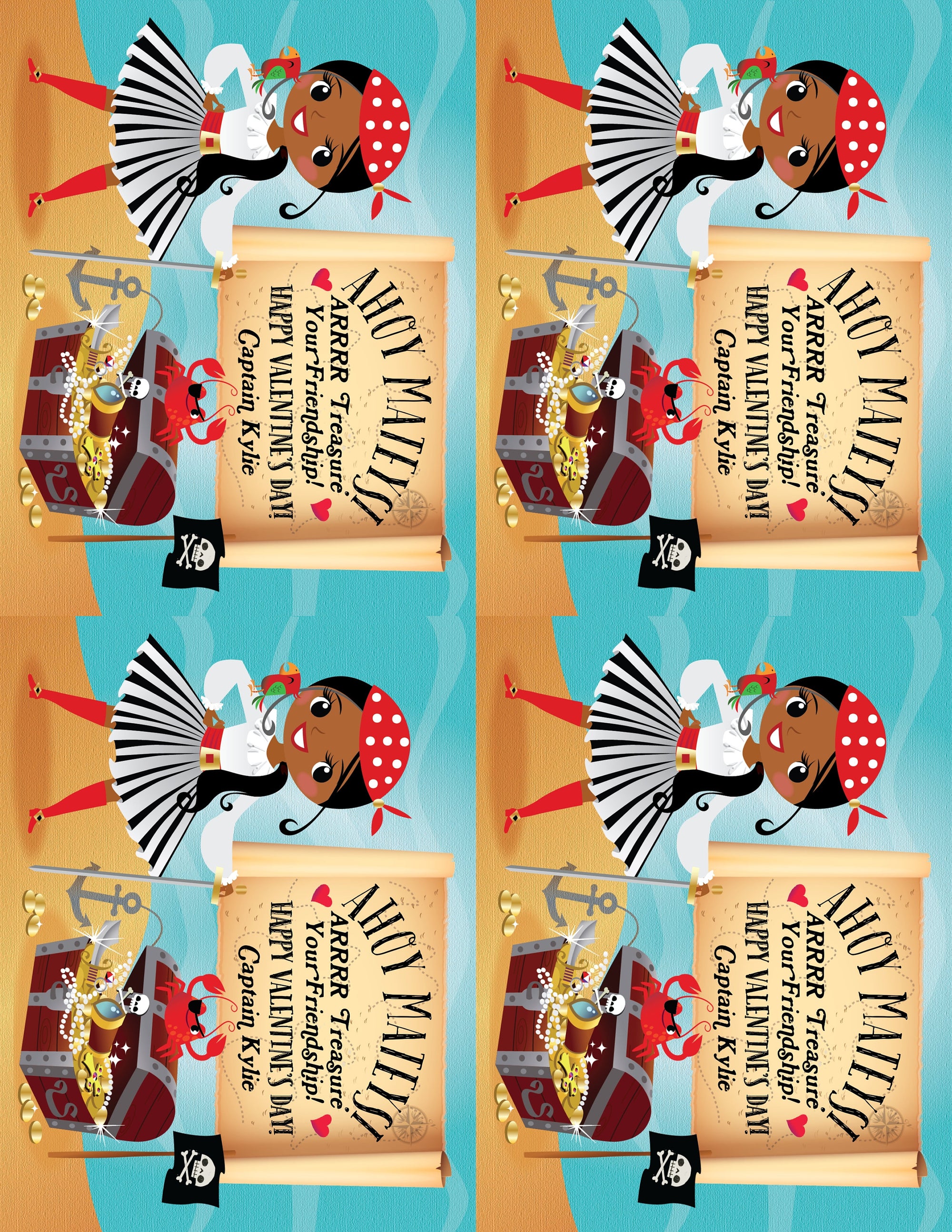 Cute Retro Pirate Captain Valentine's Day Cards for Girls Digital Download