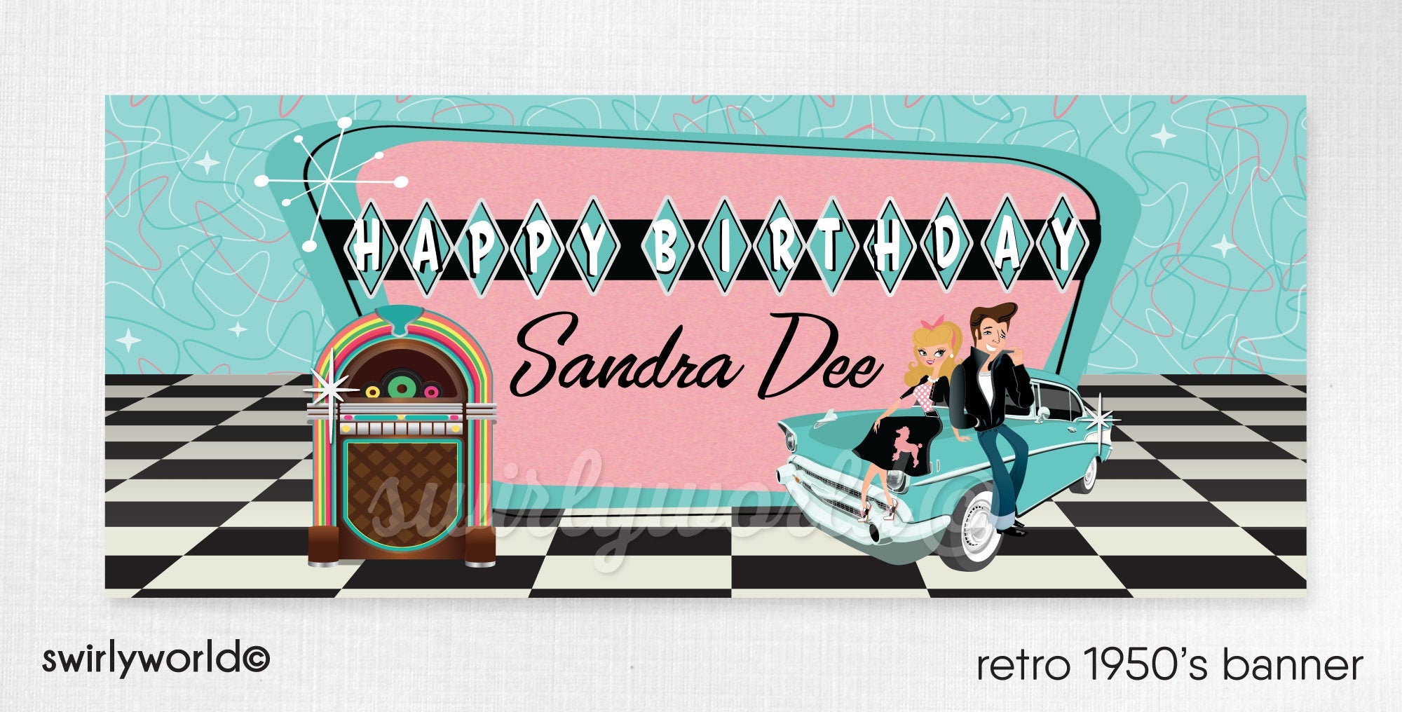 Digital 1950&#39;s Grease Pink Ladies Retro Sock Hop Poodle Skirt Fifties Party Bundle Pack. Retro Rockabilly Pink and Aqua Blue 1950&#39;s Party!