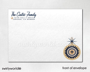 Retro Atomic Mod Christmas Photo Cards, Atomic Mod Navy Blue and Gold Ornaments Retro Christmas Photo Cards, Holiday Cards with Photos