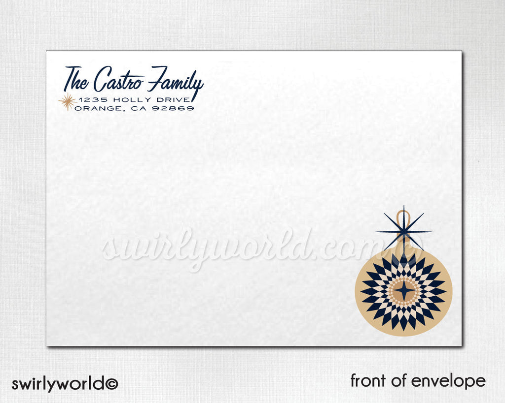 Retro Atomic Mod Christmas Photo Cards, Atomic Mod Navy Blue and Gold Ornaments Retro Christmas Photo Cards, Holiday Cards with Photos