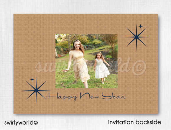 Retro Atomic Mod Navy Blue and Gold Christmas Photo Card Printable Digital Download