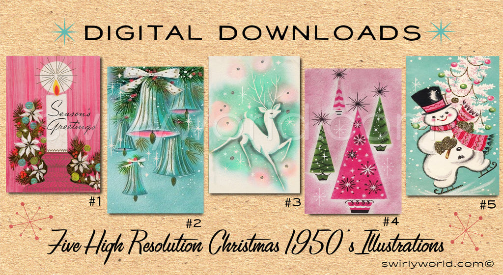 DIGITAL Vintage Pink Christmas Card Bundle. 1950's Style Holiday Designs. Retro Vintage Style Christmas Card Designs. 1950s Atomic Modern