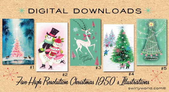 DIGITAL Vintage Pink Christmas Card Bundle. 1950's Style Holiday Designs. Retro Vintage Style Christmas Card Designs. 1950s Atomic Modern