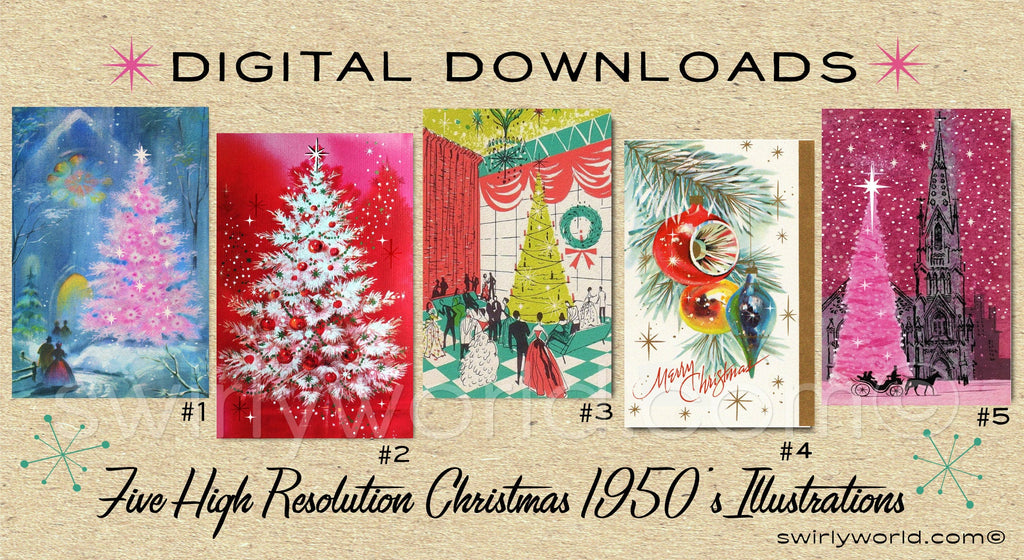 DIGITAL Vintage Pink Christmas Card Bundle. 1950's Style Holiday Designs. Retro Vintage Style Christmas Card Designs. 1950s Atomic Modern