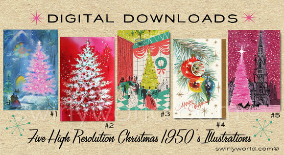 DIGITAL Vintage Pink Christmas Card Bundle. 1950's Style Holiday Designs. Retro Vintage Style Christmas Card Designs. 1950s Atomic Modern