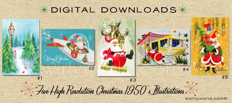 DIGITAL Vintage Christmas Card Bundle. 1950's Style Holiday Designs. Retro Vintage Fifties Style Christmas Card Designs. 1950s Santa Claus