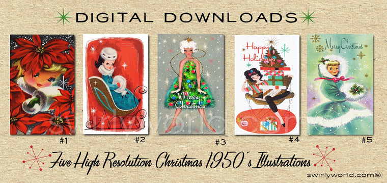 DIGITAL Vintage Christmas Card Bundle. 1950's Style Holiday Designs. Retro Vintage Fifties Style Christmas Card Designs. 1960s Christmas