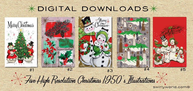 DIGITAL Vintage Christmas Card Bundle. 1950's Style Holiday Designs. Retro Vintage Fifties Style Christmas Card Designs. 1950s Snowman