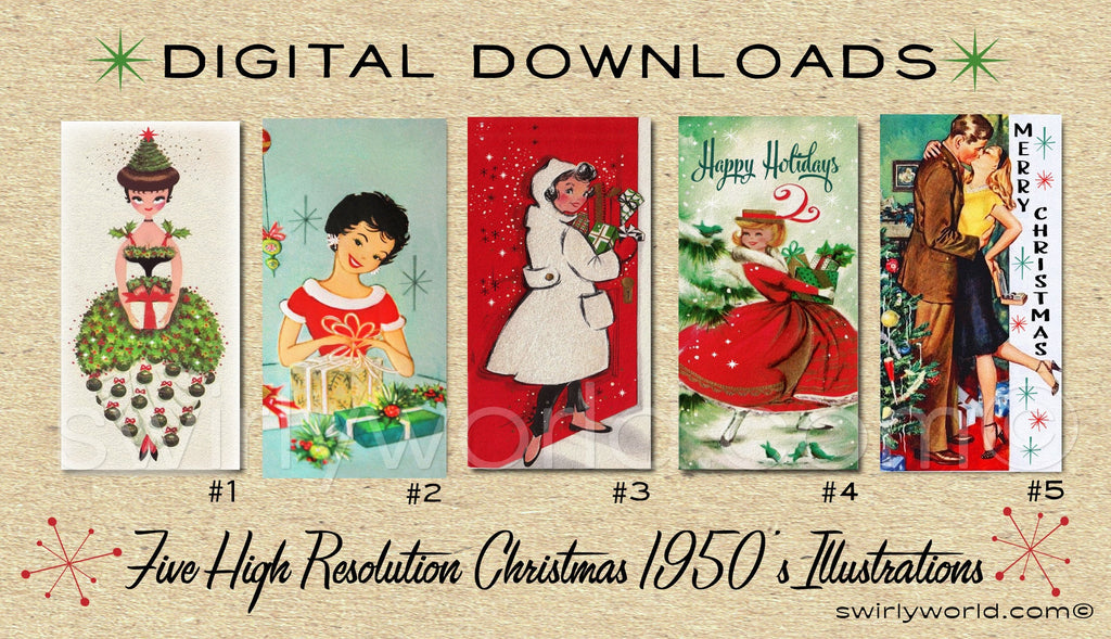 DIGITAL Vintage Christmas Card Bundle. 1950's Style Holiday Designs. Retro Vintage Fifties Style Christmas Card Designs. 1960s Christmas