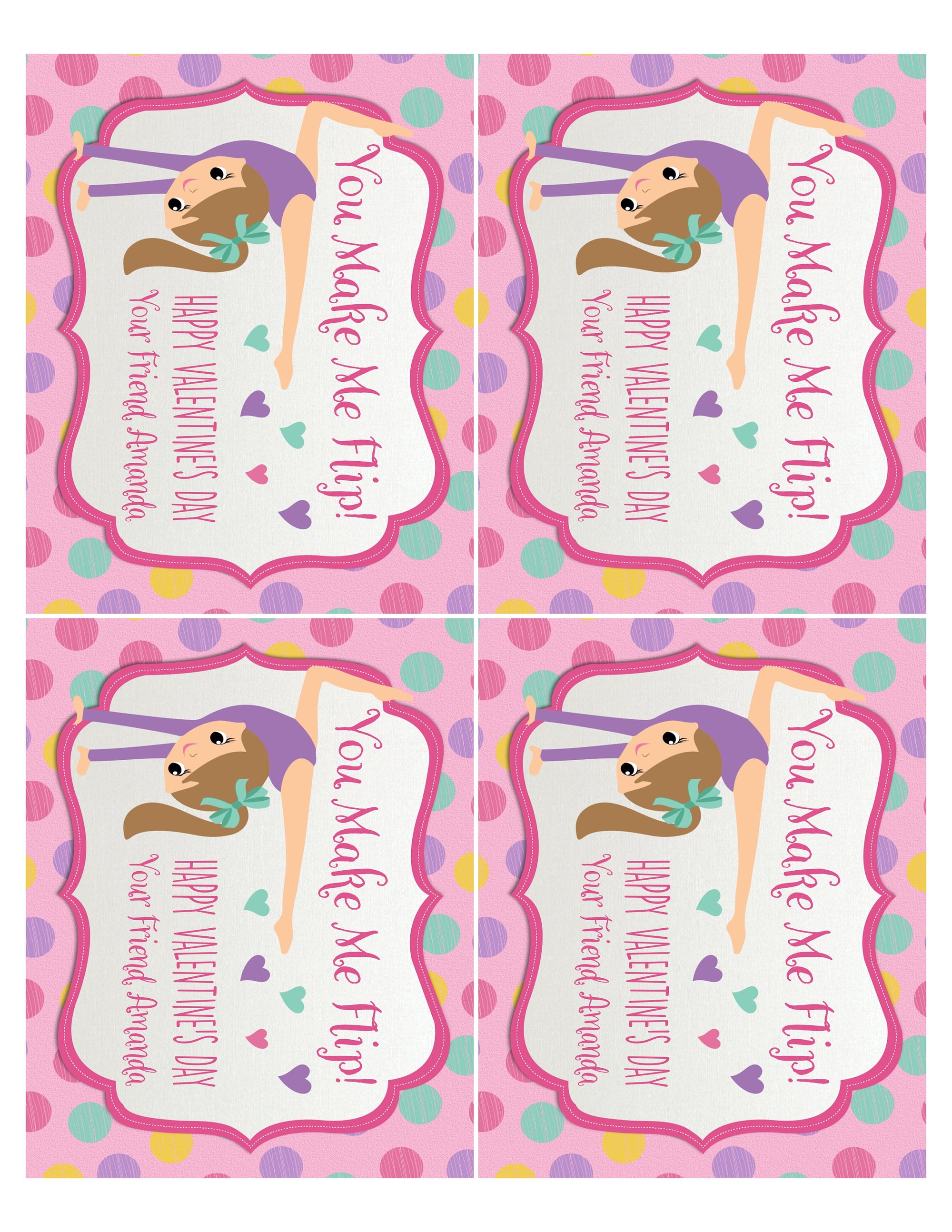 Cute gymnast gymnastics dance digital printable valentine's day cards for girls school classroom.